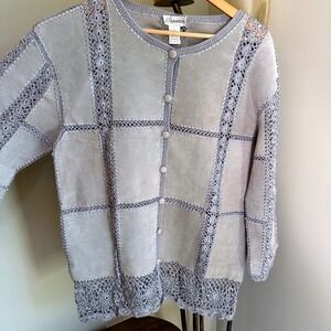 Gantos Vintage Leather Cardigan Jacket Crochet Trim Button Front Patchwork Large